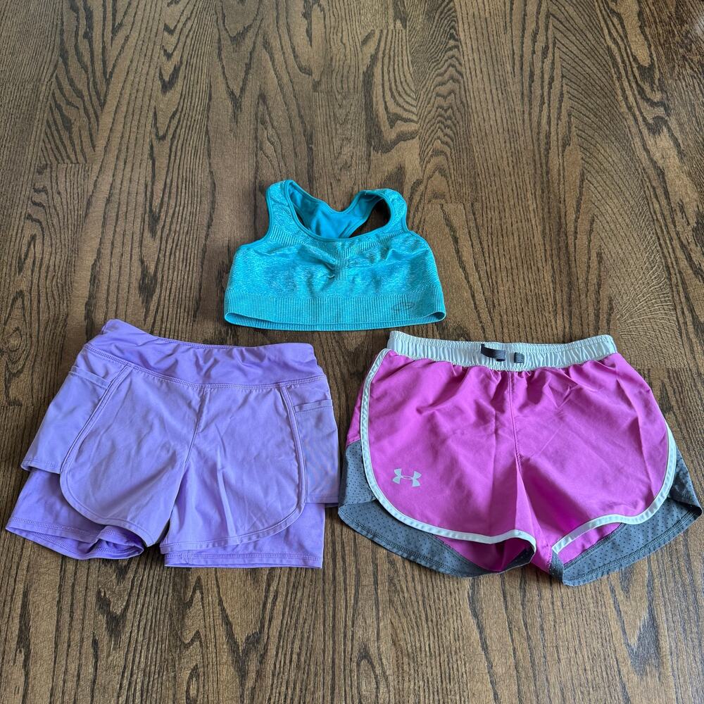 Under Armour Girls Lot Bundle of Athletic Shorts Sports Bra Purple Blue Medium